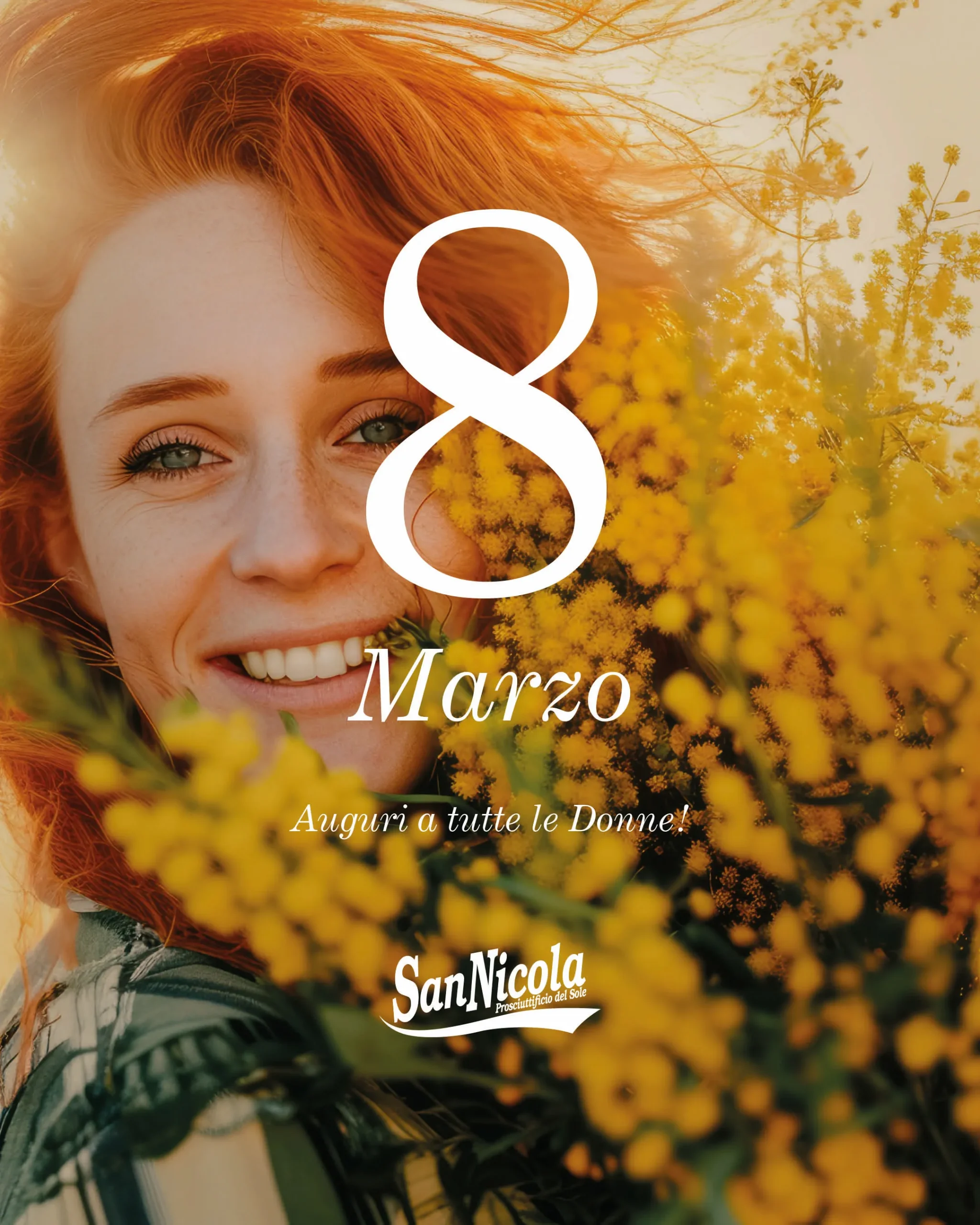 Donna dai capelli rossi con mimosa che le copre il viso.